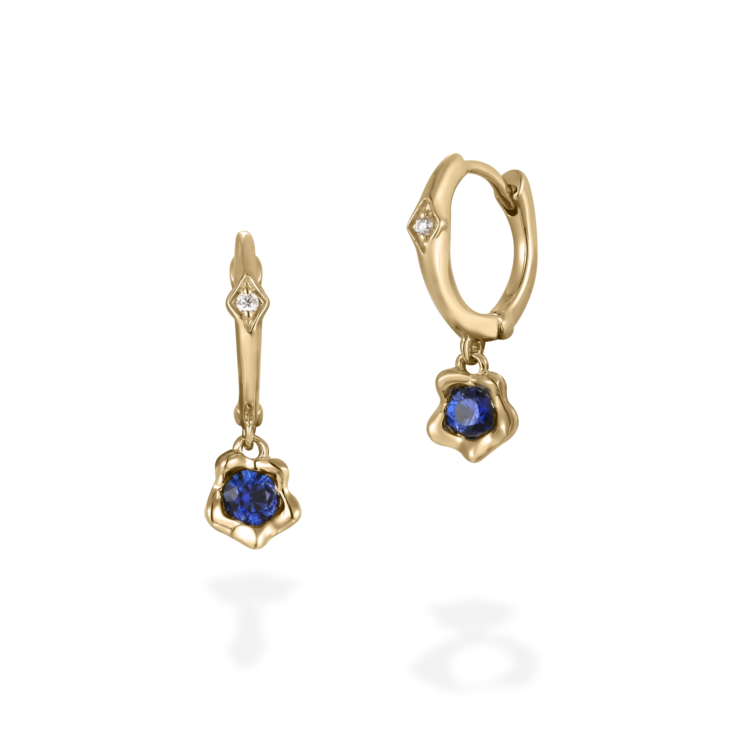 Melted gold blue sapphire hoop earrings 7mm